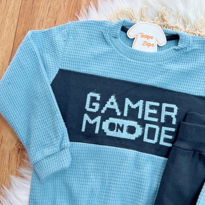 Conj. Casaco Game Mode On e Calça de Moletom - Azul Jeans e Preto